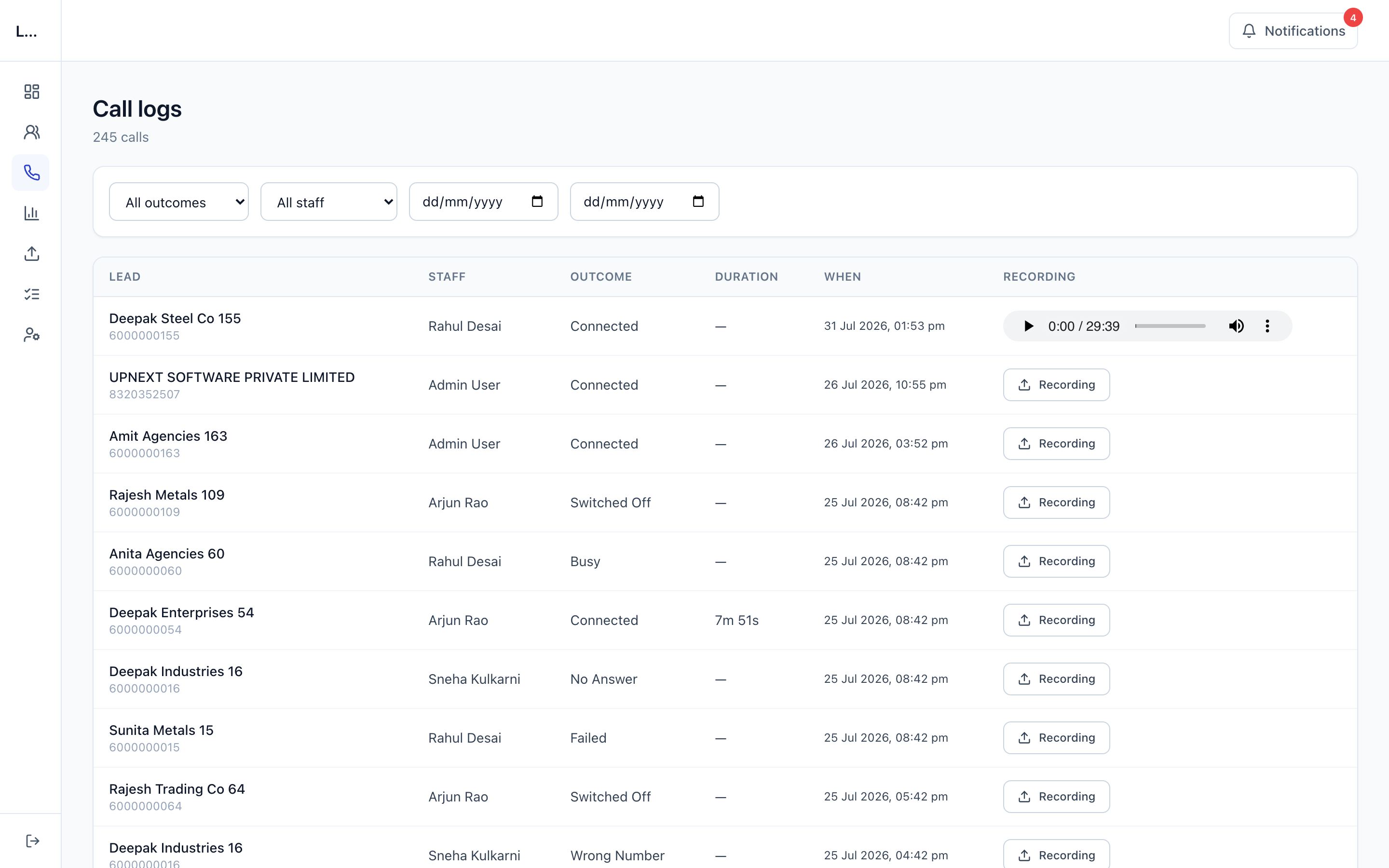 Orbis Lead CRM — Call Logs — every call tracked